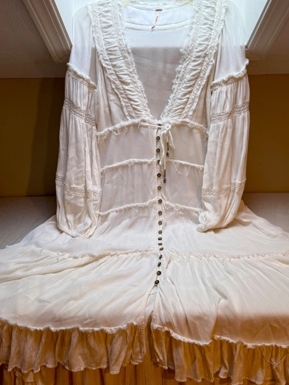 Free People Cassis Ivory Gauze and Lace Midi Dress Wedding Bohemian Size M